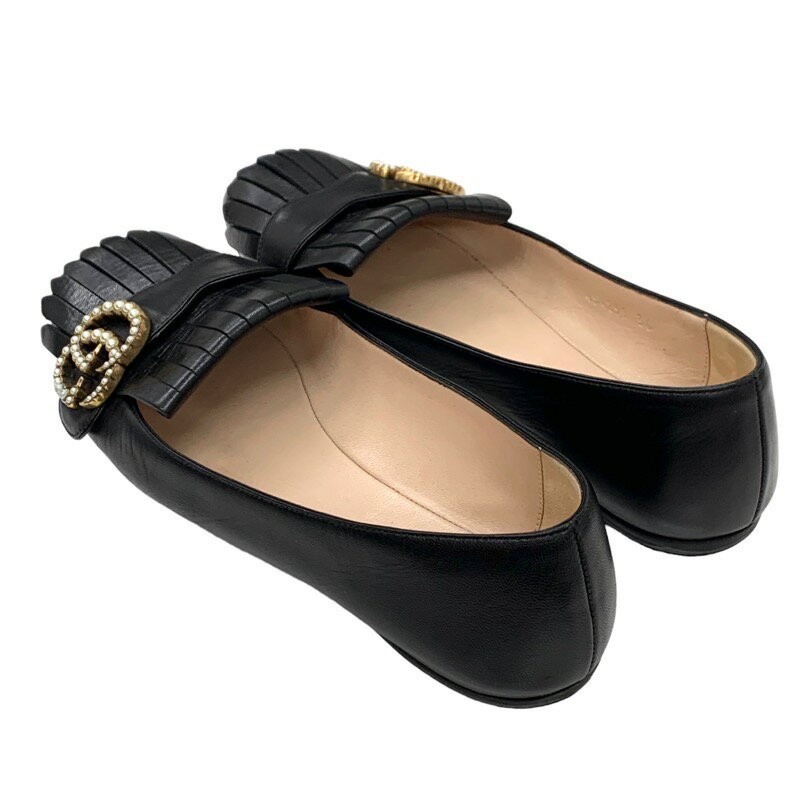 GUCCI Flat Shoes Pumps Double G GG Marmont EU 36 US 6 Leather Black Authentic thumbnail 4