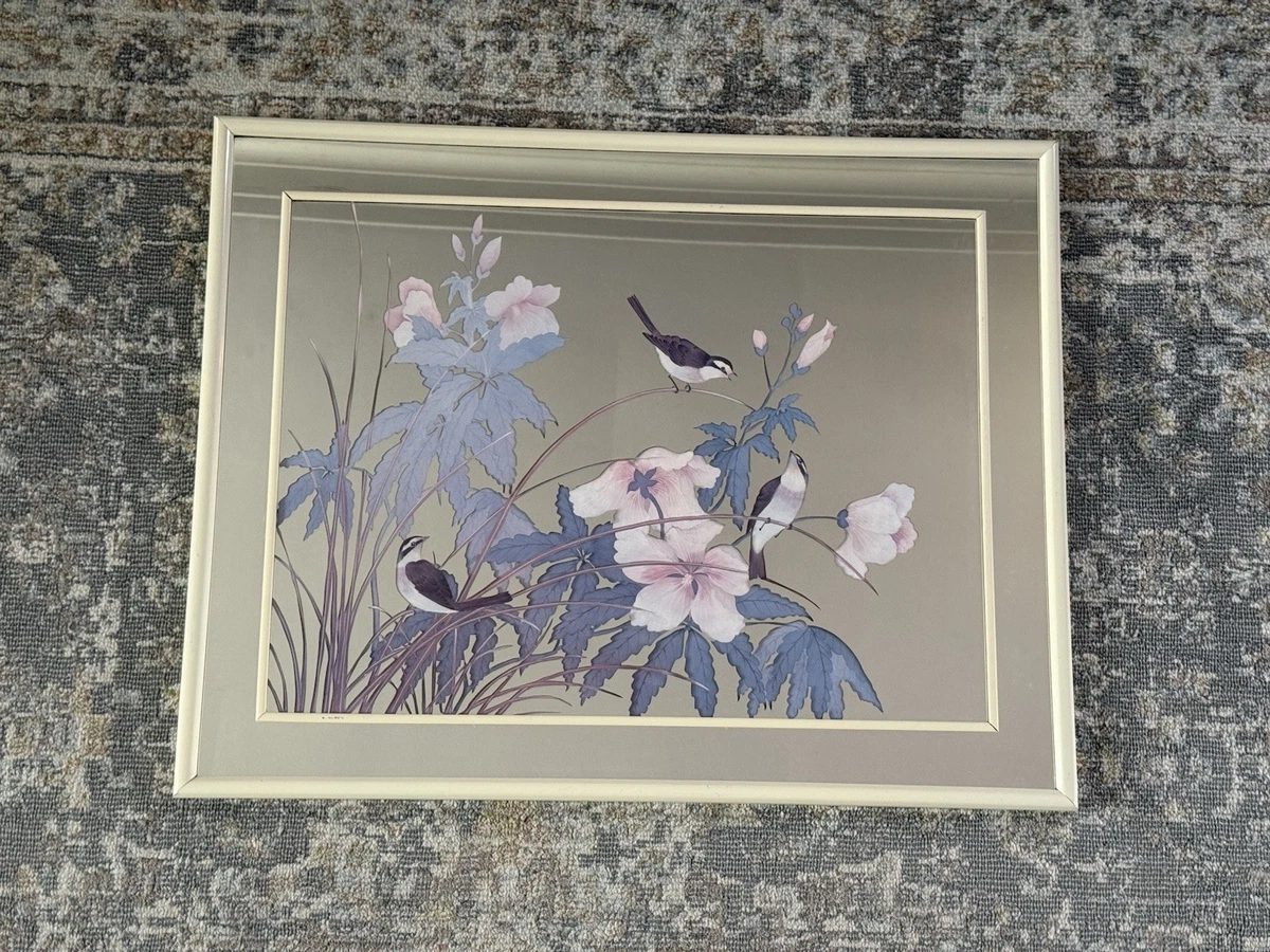 Vintage MCM Marsel Mirror with a Etched Floral & Bird Design in a White Frame