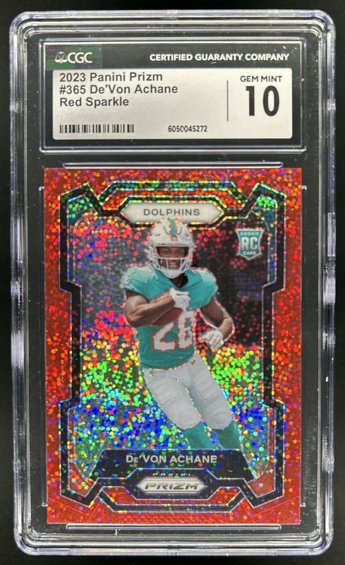 2023 Panini Prizm De'Von Achane RC Red Sparkle Rookie #365 Dolphins CGC 10