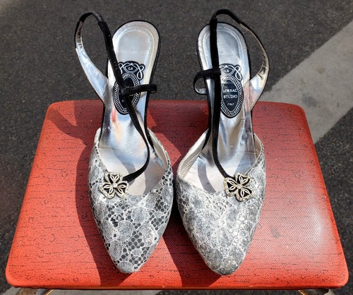 Lorbac Mujer Sandalias de Tacón Talla 37,5 UK 4,5 Negro Plata 80s True Vintage - Imagen 2 de 8