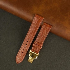 21mm Flat Brown Leather Watch Band Crocodile Watch Strap Gold Deployment Buckle