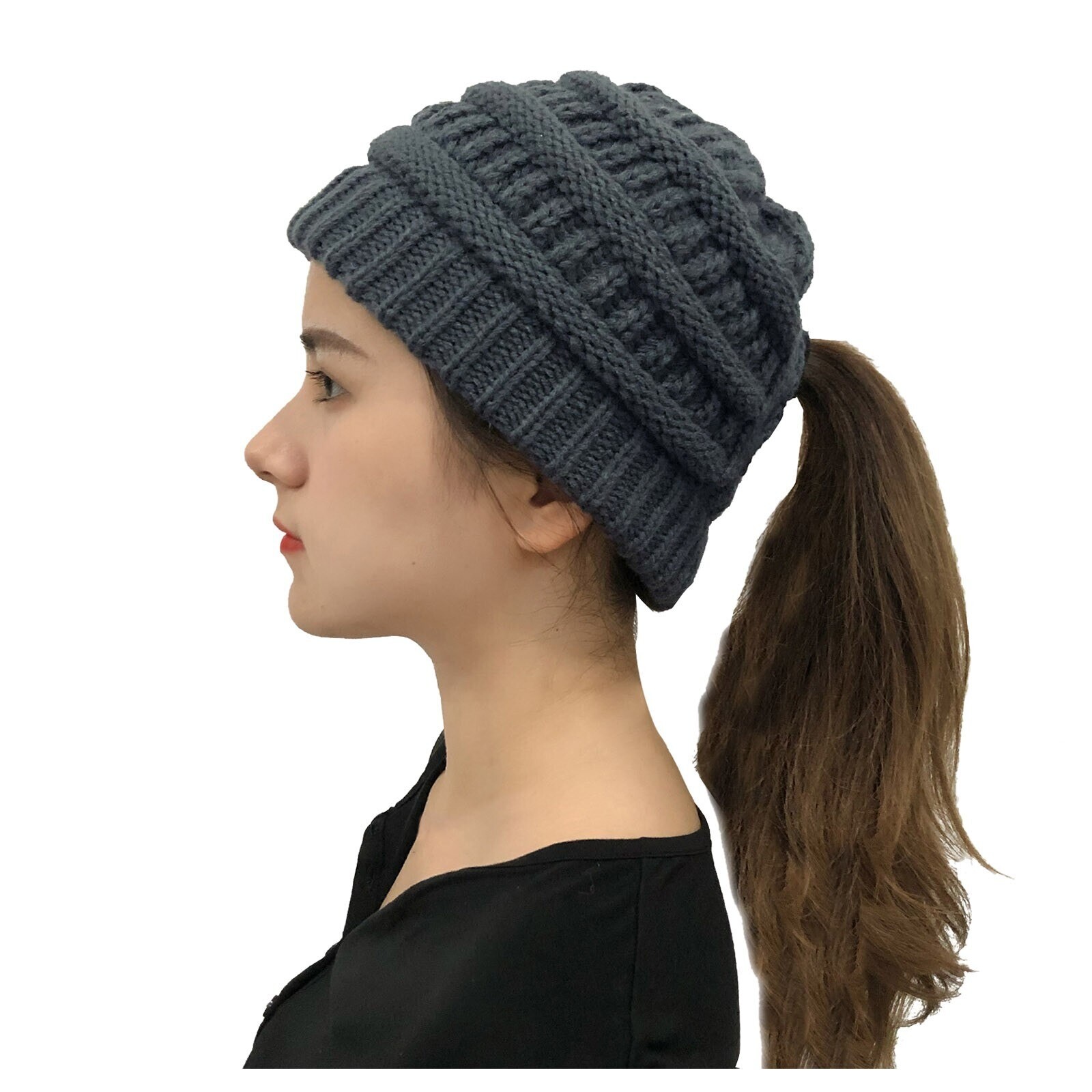 PONY Cappello grigio donna coda di cavallo disordinato panino berretto coda di cavallo maglia invernale elasticizzato US