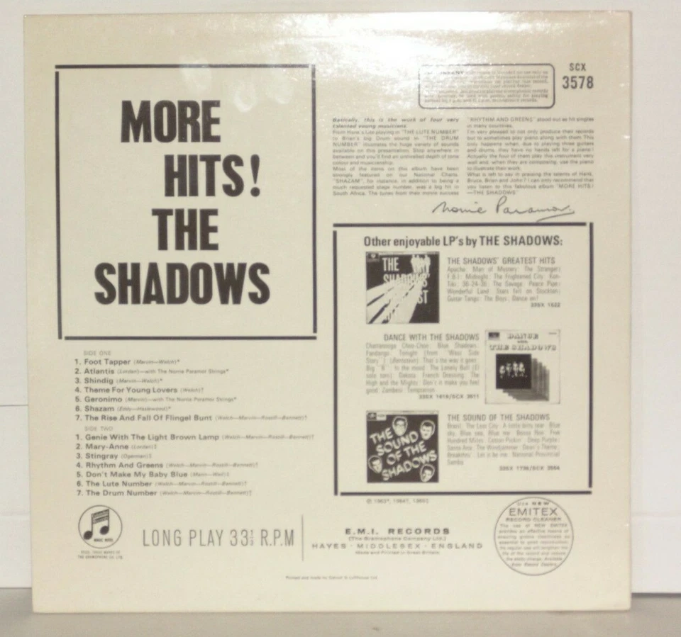 THE SHADOWS More Hits! UK LP VG+ Plays Well EMI SCX3578 Vinyl - Image 2 of 3