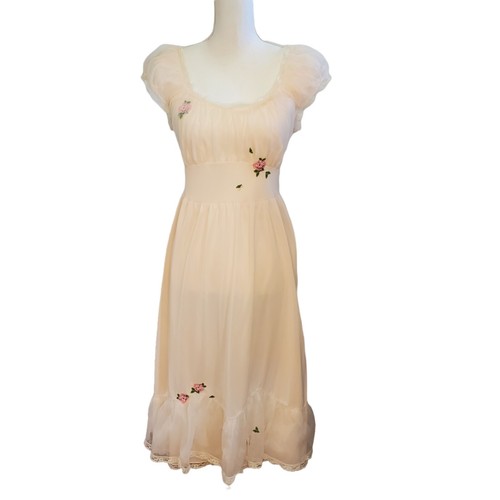 VTG 60s XS Bridal Nylon Gown Robe Pale Pink Flowers Set Puff Sleeve Cottage Core - Picture 3 of 12