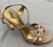 NINA womens 7 muted gold rhinestones open toe 4" heels ankle straps shoes