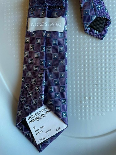 NORDSTROM NECK TIE BOYS SILK NAVY BLUE PURPLE SQUARES 2" WIDTH PRE TIED NEW - Picture 2 of 3