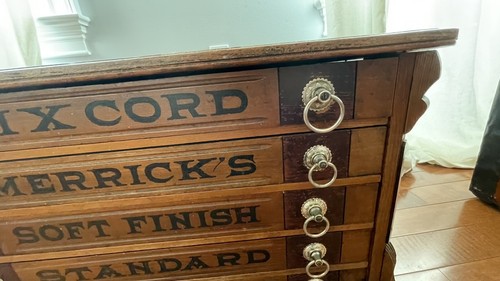 Antique Merrick’s 5 Drawer Wooden Country Store Display Case Spool Cabinet Wood - Picture 14 of 24