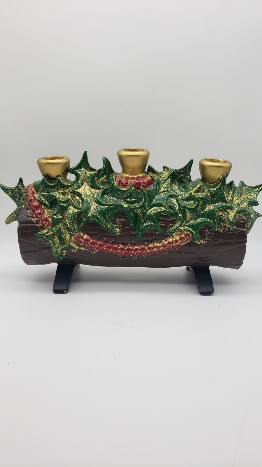 Vintage Atlantic Mold Christmas Yule Log Candle Holder Holly Berries
