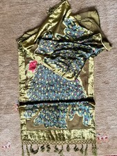 Vintage 100 Silk Asian Wrap, Sage Green Peacock, hand embroidered, 66 X 21
