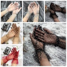 Women's Bridal Wrist Gloves Polka Dot Mesh Tulle Sheer Full Finger Weddings