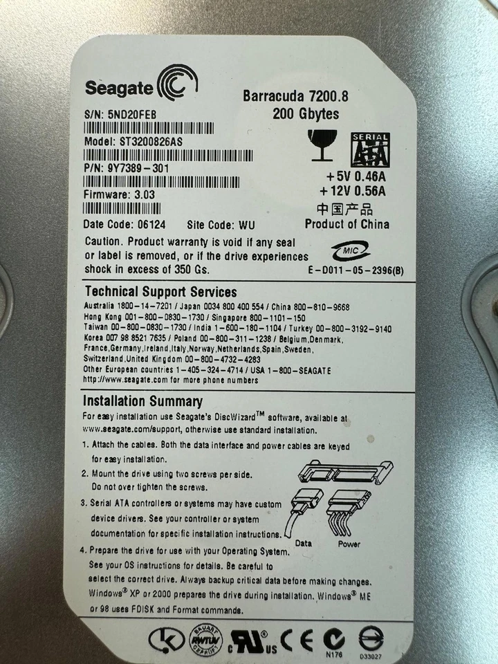 SEAGATE ST3200826AS 9Y7389-301 200GB Firmware 3.03 Code 06124 SATA 3.5" HDD - Image 3 of 4