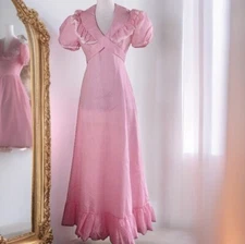 Vintage 70s Maxi Dress Size 7/8 Pink Swiss Dot Ruffle Pom Trim Puff Sleeve ILGWU