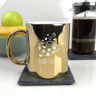 Gravur glänzend gold Kaffeebecher VIER-TEE Design 40. Geburtstag Geschenk Schwester