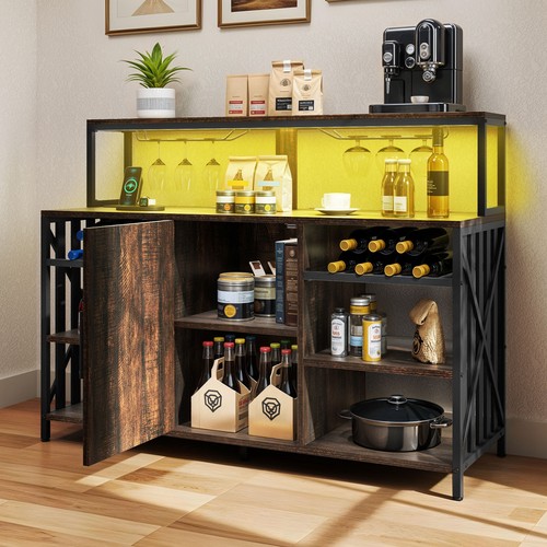 47" Bar Table Cabinet with Power Outlet and LED Lights Wine Rack Storage Buffet