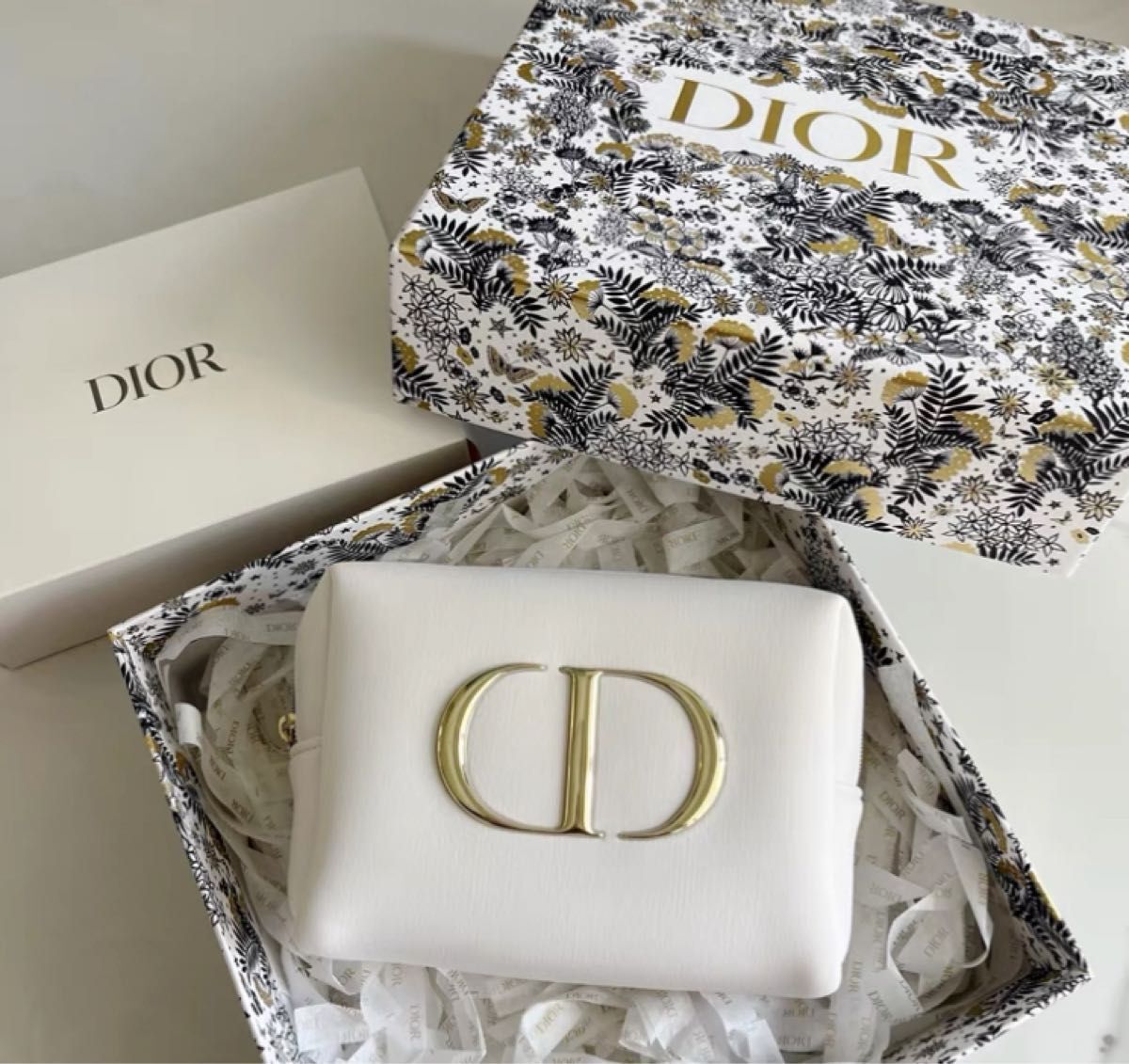 Dior Pouch Case Logo CD White x Gold w/White Box Authentic