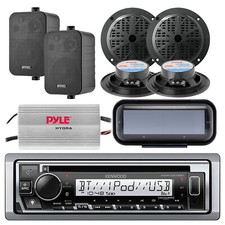 Kenwood KMRD378BT Marine CD Player Receiver Round and Box Speakers, Amp, Cover