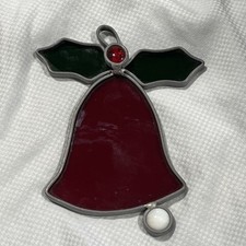 Vintage Stained Glass Suncatcher Christmas Holly Bell Ornament Red Green