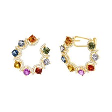 8.14 CT Multi Color Sapphire 0.52 CT Diamonds 14K Rose Gold Hoop Earrings