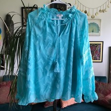 BELLE Kim Gravel size L Blue Burnout Textured Chiffon Tasseled Bohemian Blouse