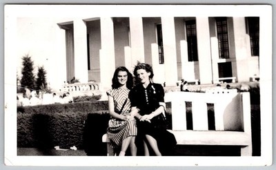Vtg B&W Snapshot Two Young Women Fashionable Dresses Bench Large Columns 1948