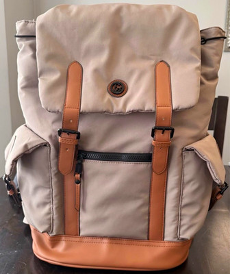 Joan & David Sport Nylon Laptop Backpack Taupe Rucksack with Brown Faux Leather