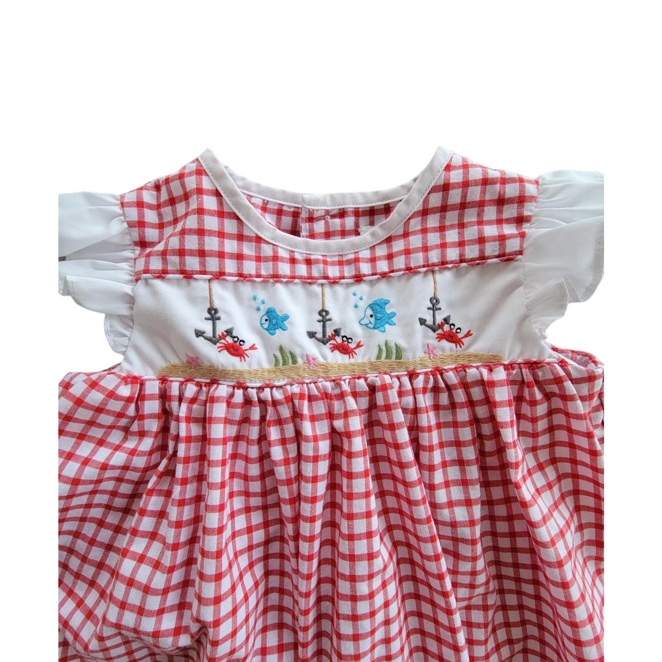 Vestido de Verano Petit Ami Rojo Guinga Bordado Náutico Pez Ancla Cangrejo Picnic Foto 2 de 4