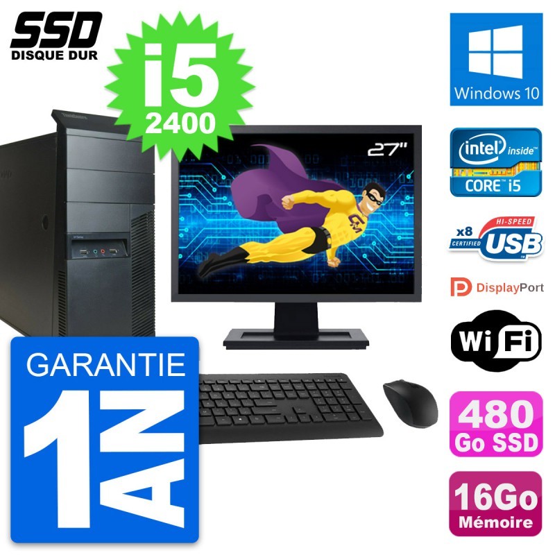 PC Tour Lenovo M91p Ecran 27" Intel i5-2400 RAM 16Go SSD 480Go Windows 10 Wifi