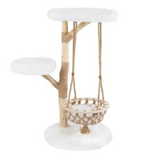 48.5  Solid Wood Cat Tree w/Hanging Cradle Jute Scratching Post Perch Soft Plush