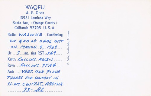 1969 QSL: W6QFU – A.E. (Al) Olson – 13931 Laurinda Way – Santa Ana, California - Bild 2 von 2