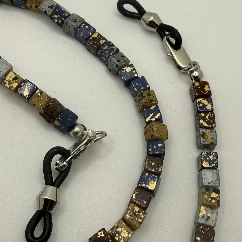 "Soporte de cadena para gafas con cuentas marrón azul moteado 26""" Foto 4 de 4