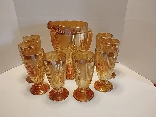 Vintage Jeanette Iris Herringbone Marigold Carnival Glass Pitcher & 8 Glasses
