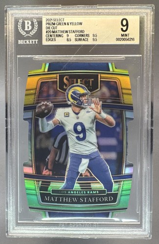 Matthew Stafford 2021 Panini Select #20 Green and Yellow Prizm Die Cut BGS 9