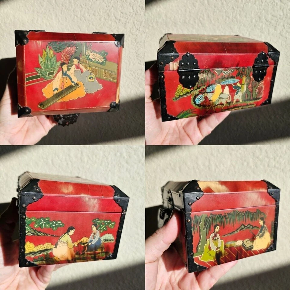 Vintage Korean Ox Horn Jewelry Box Red with Fish Lock, Small Asian Keepsake Box - Image 2 of 4