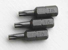 Torx Screwdriver Bits T 15, Hex Shank 1/4" Drive 25mm Hardened - PACK OF 3 