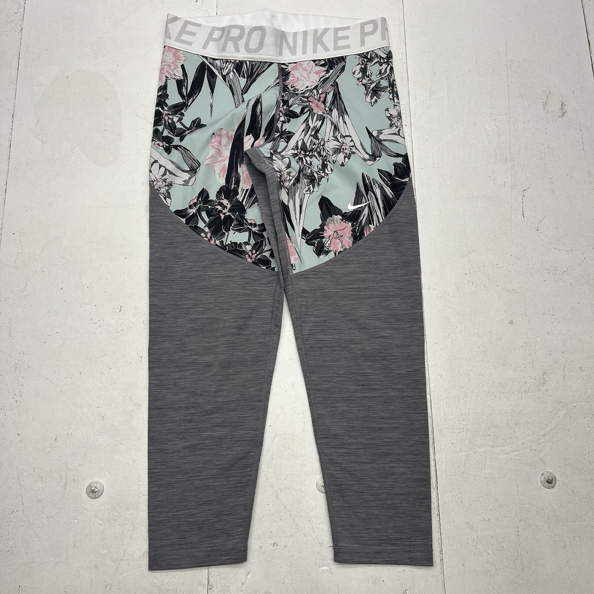 Nike Pro Dri Fit Gray Floral Print Crop Leggings Running Athletic