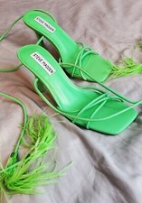 Steve Madden Bryden Green Lace Up Open Toe Feather Detailed Heeled Sandal 6.5 M
