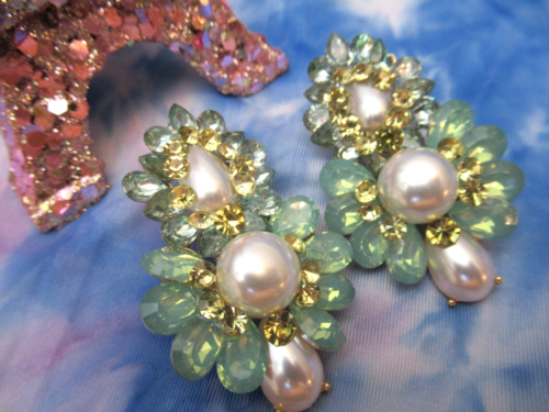 Gripoix Style Earrings Teal Green Harlequin Art Pearls Crystals Stud Earrings