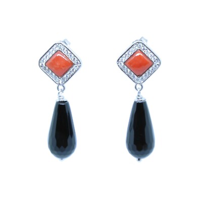 OHRRINGE KORALLE ONYX UND ZIRKONIA 925 SILBER RHODINIERT WEISSGOLD TURM DES GRIECHISCHEN