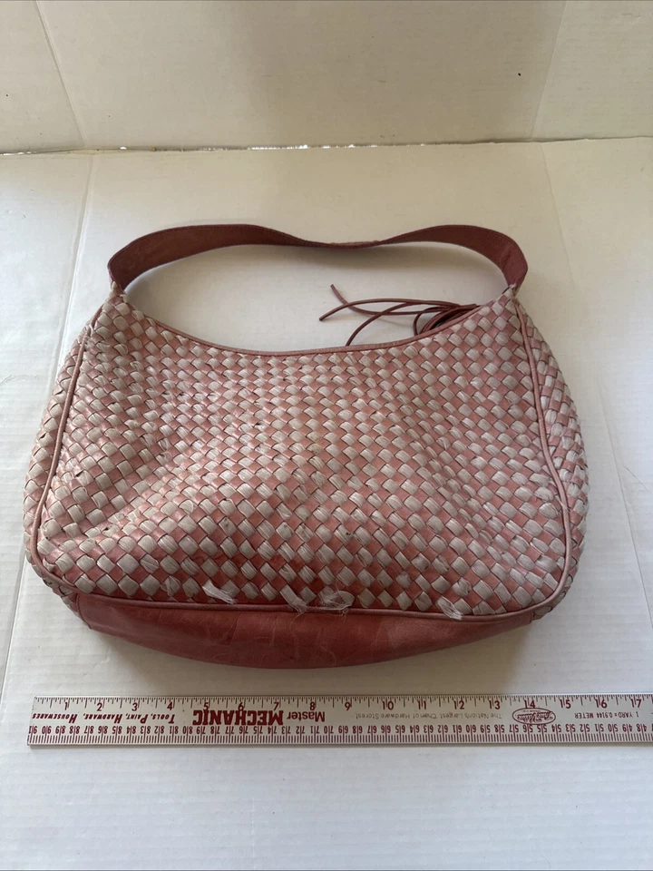 Nuovedive Woven Leather Hobo Shoulder Bag Pink Beige Braided Boho Style Purse - Image 4 of 4