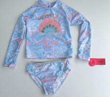 Betsey Johnson Girl's 4 Long Sleeve 2 Pc Rash Guard Tankini Swimsuit Mermaid