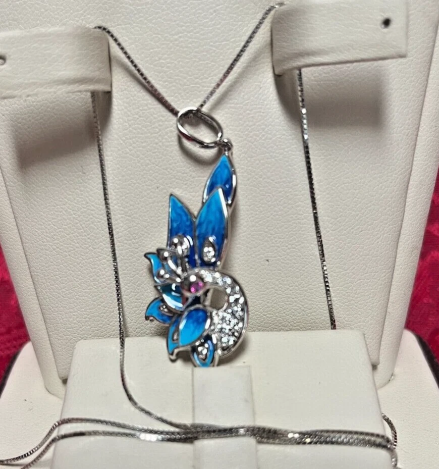 Nuevo Hermoso Collar de Plata Esterlina S925 Pavo Real Circonitas Blancas, Granate 18" Cadena Foto 3 de 4