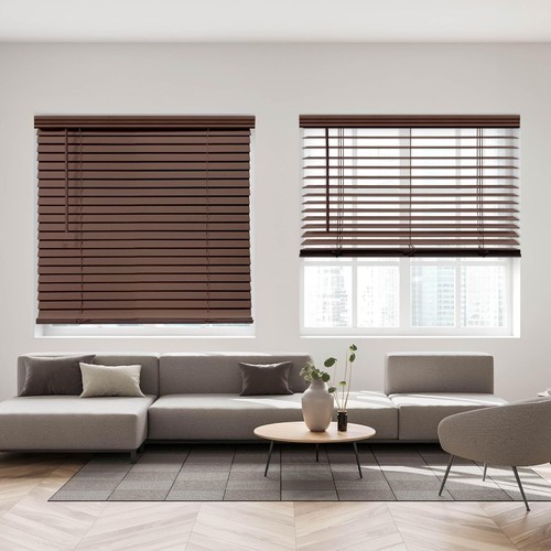 Elegant Dark Oak Faux Wood Blinds - 2-Inch Cordless Design, 49.75" W x 72" H - Picture 3 of 9