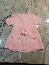 Vintage Girls Knit Pink Dress Size 4 Spring, Easter, Floral, Bow, Sunday C6