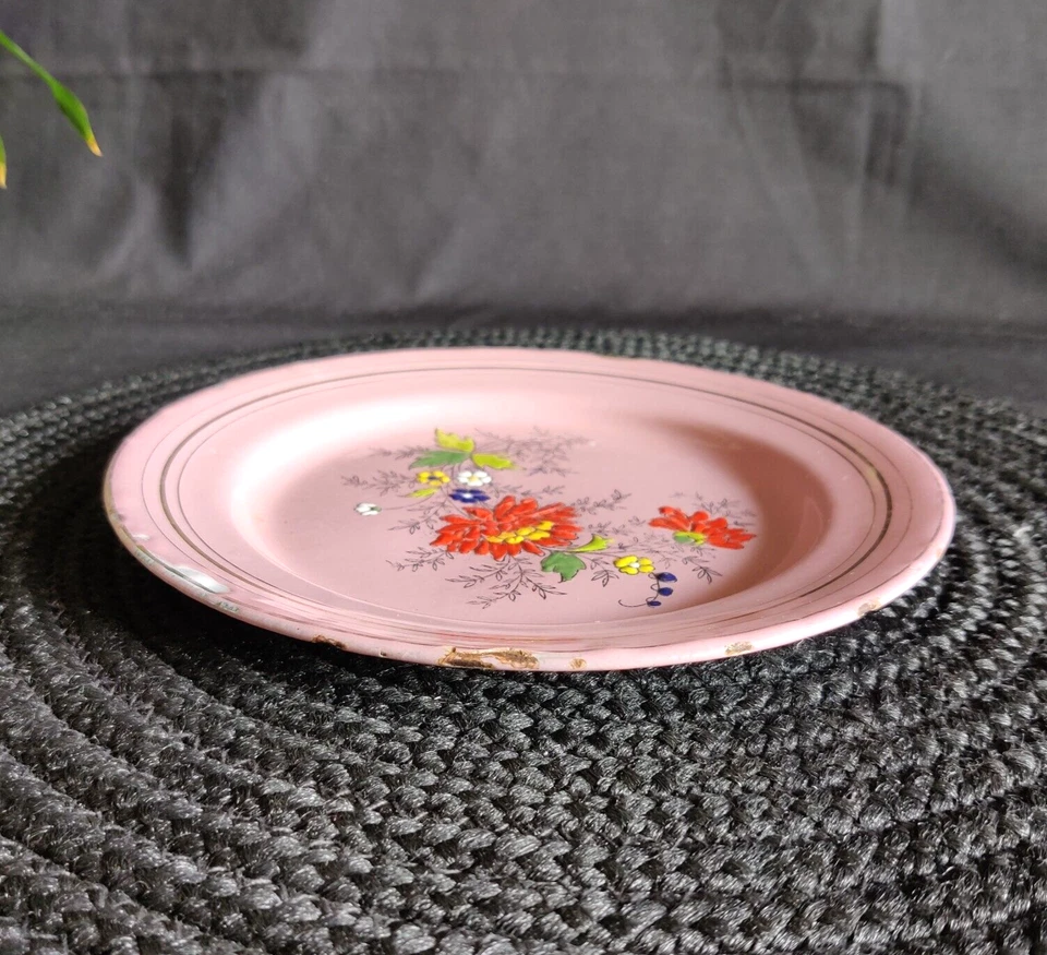 Assiette En Émail Florale Antique Multicolore En Fer Ancienne Décorative IE157 - Photo 4/4