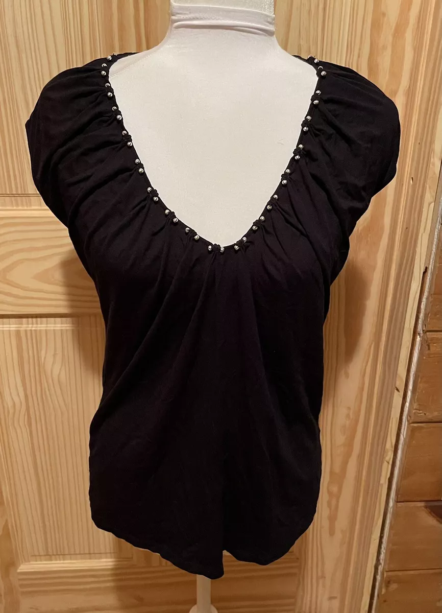 Josephine Chaus Womens Short Sleeve Black Beaded Neck Top Size Small ~ EUC