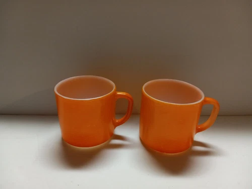 Set of 2 Vintage Federal Orange Milk Glass Mugs "D" Handle Stackable