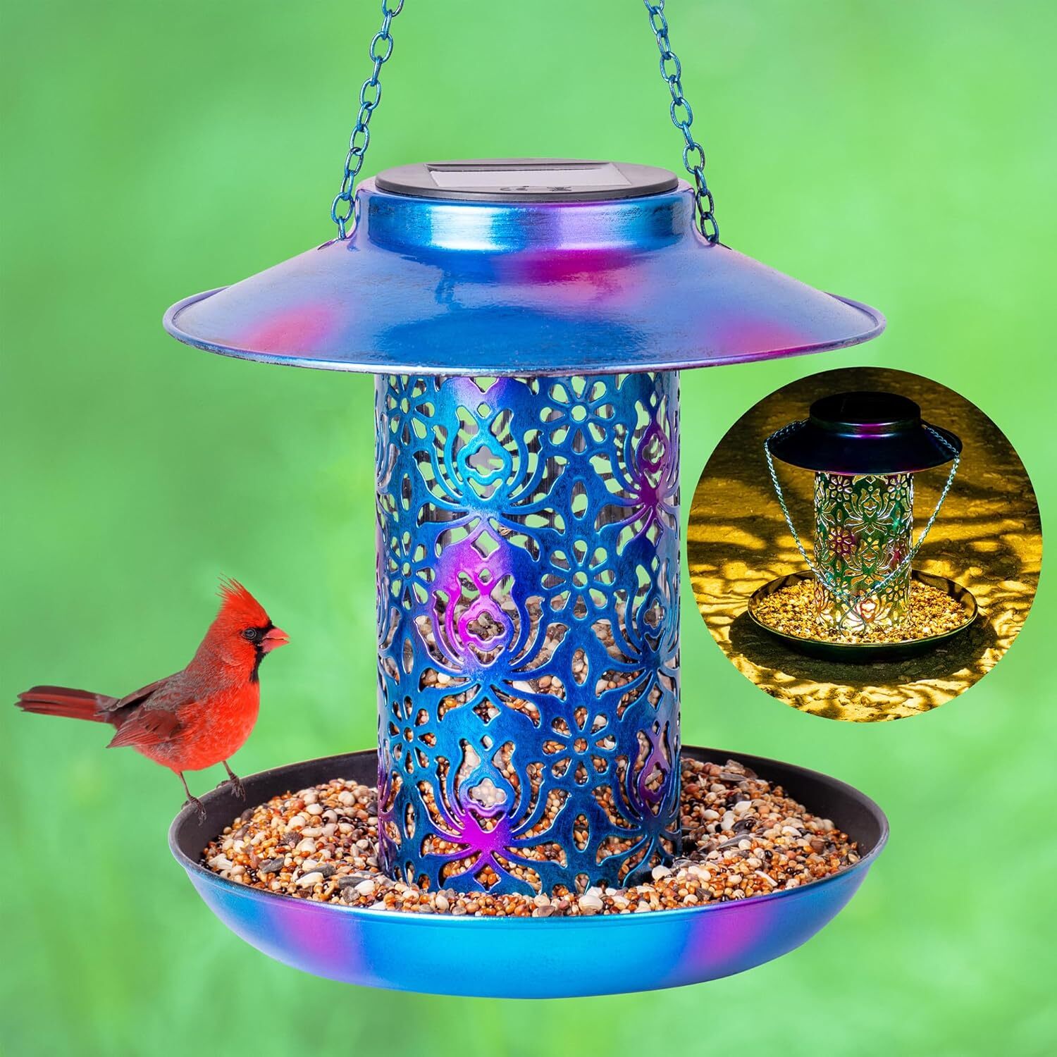 Ottsuls Solar Bird Feeder for Outdoors Hanging, Metal Wild 8"x8", Blue