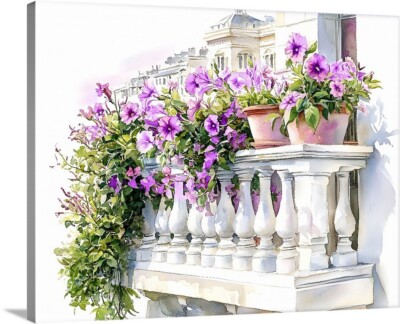 Blooming Flowers On a Balcony Floral Art Print Gallery Canvas Wrap Wall Art