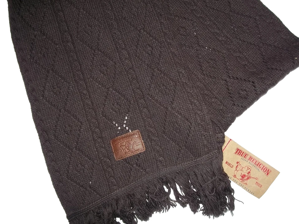 BUFANDA TRUE RELIGION Marrón CACHEMIRA/LANA Tejido Flecos Adulto Unisex Invierno NUEVA Foto 2 de 2