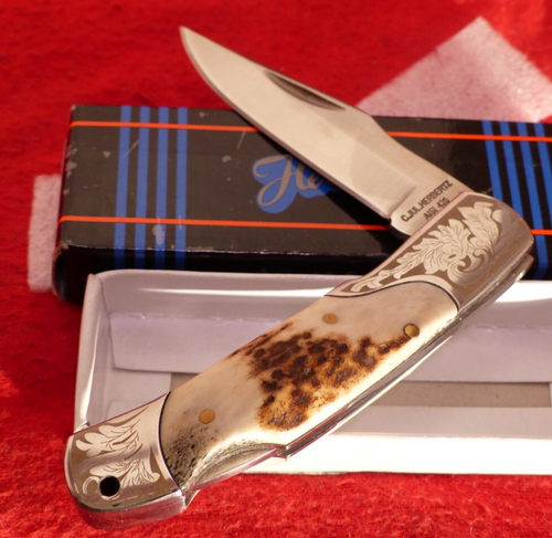 Herbertz Knives 3.5" closed Genine Stag lockback Lock Blade Engraved knife MIB